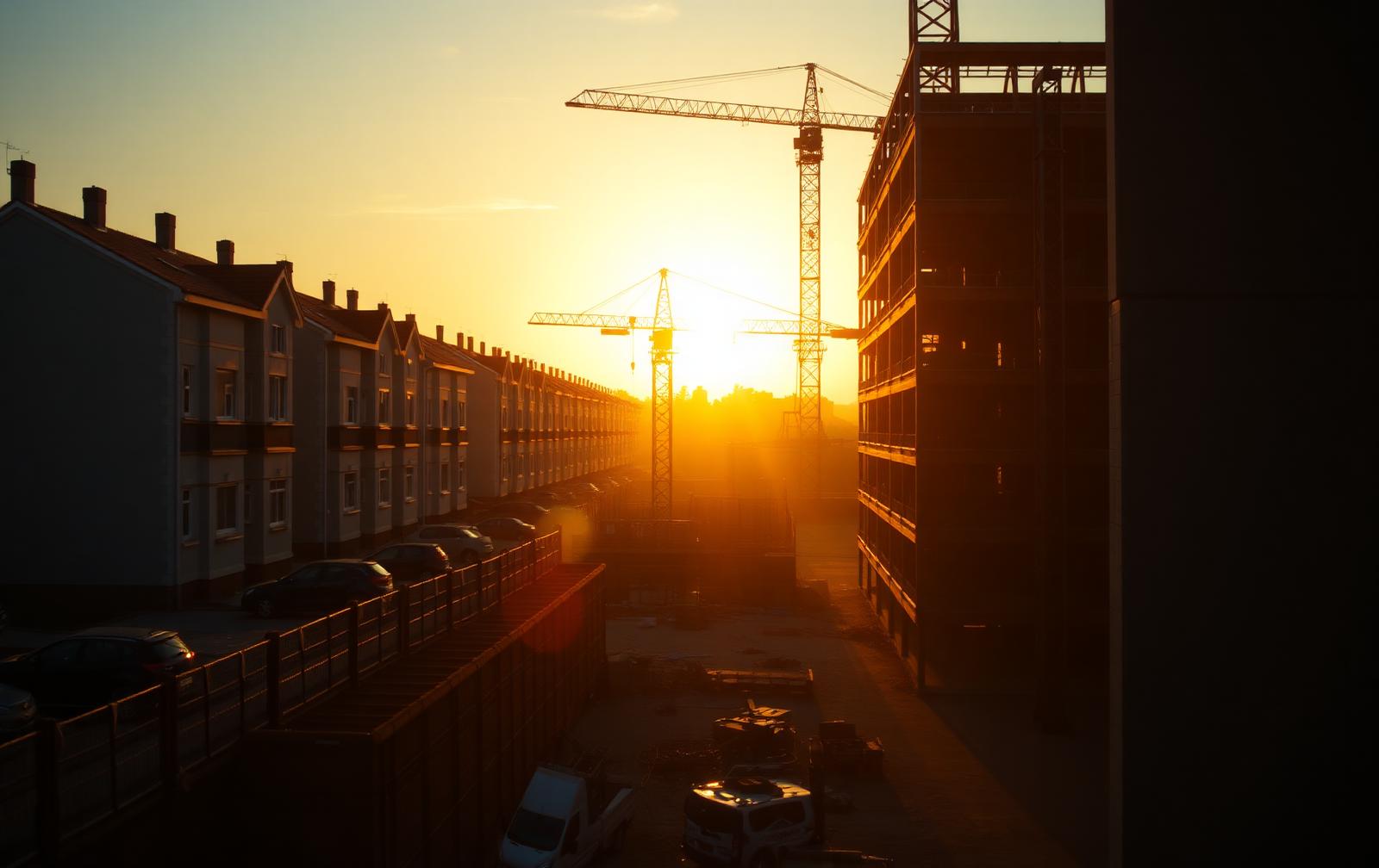 Construction site at sunrise with cranes over a residential street