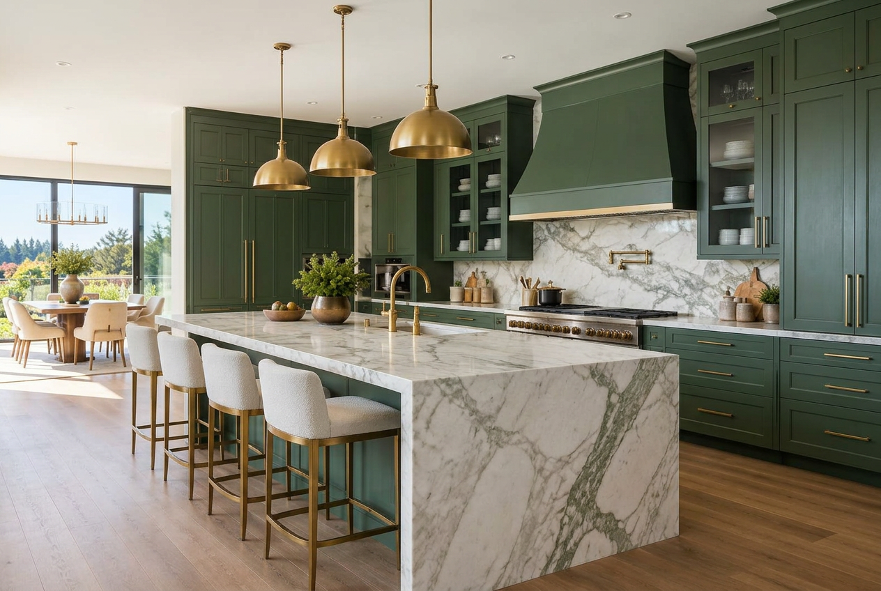 Illustrative high-end kitchen with marble waterfall island and green cabinetry